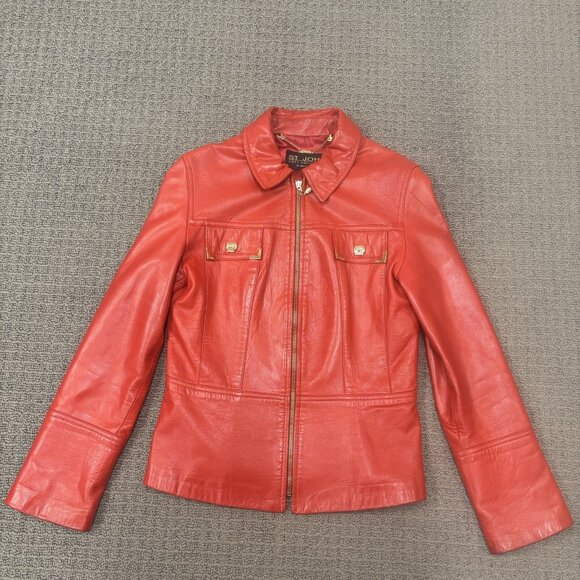 Vintage St Johns Jacket XS Smooth Red Leather Short Fitted Zip Up Distressed - Picture 1 of 14